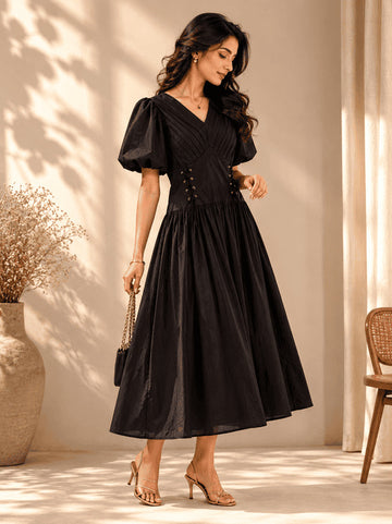 Coal Black V-Neck Gathered Midi Dress