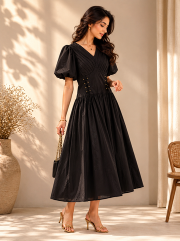 Coal Black V-Neck Gathered Midi Dress