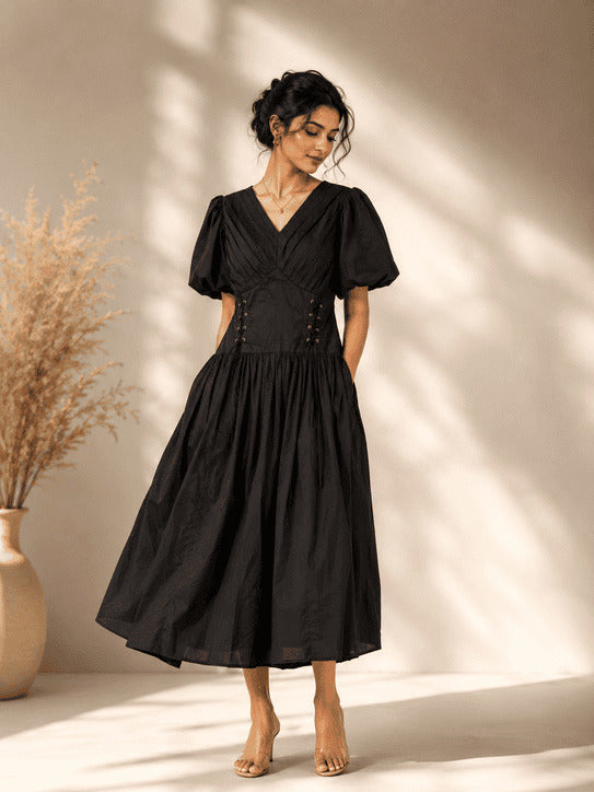 Coal Black V-Neck Gathered Midi Dress