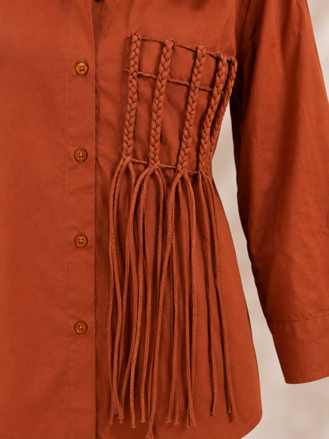 Cinnamon Brown Cotton Poplin Shirt with Braid Detailing