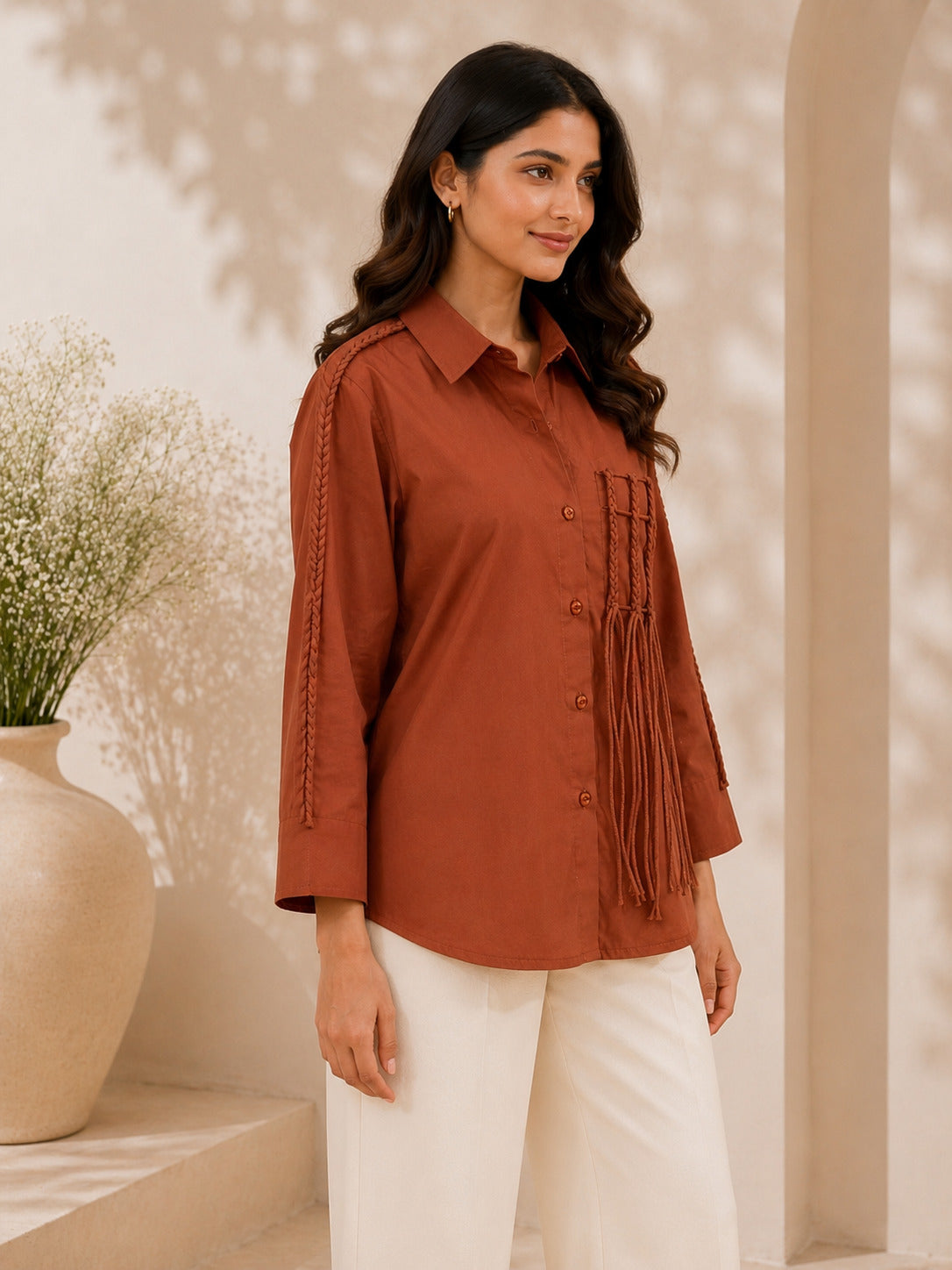 Cinnamon Brown Cotton Poplin Shirt with Braid Detailing