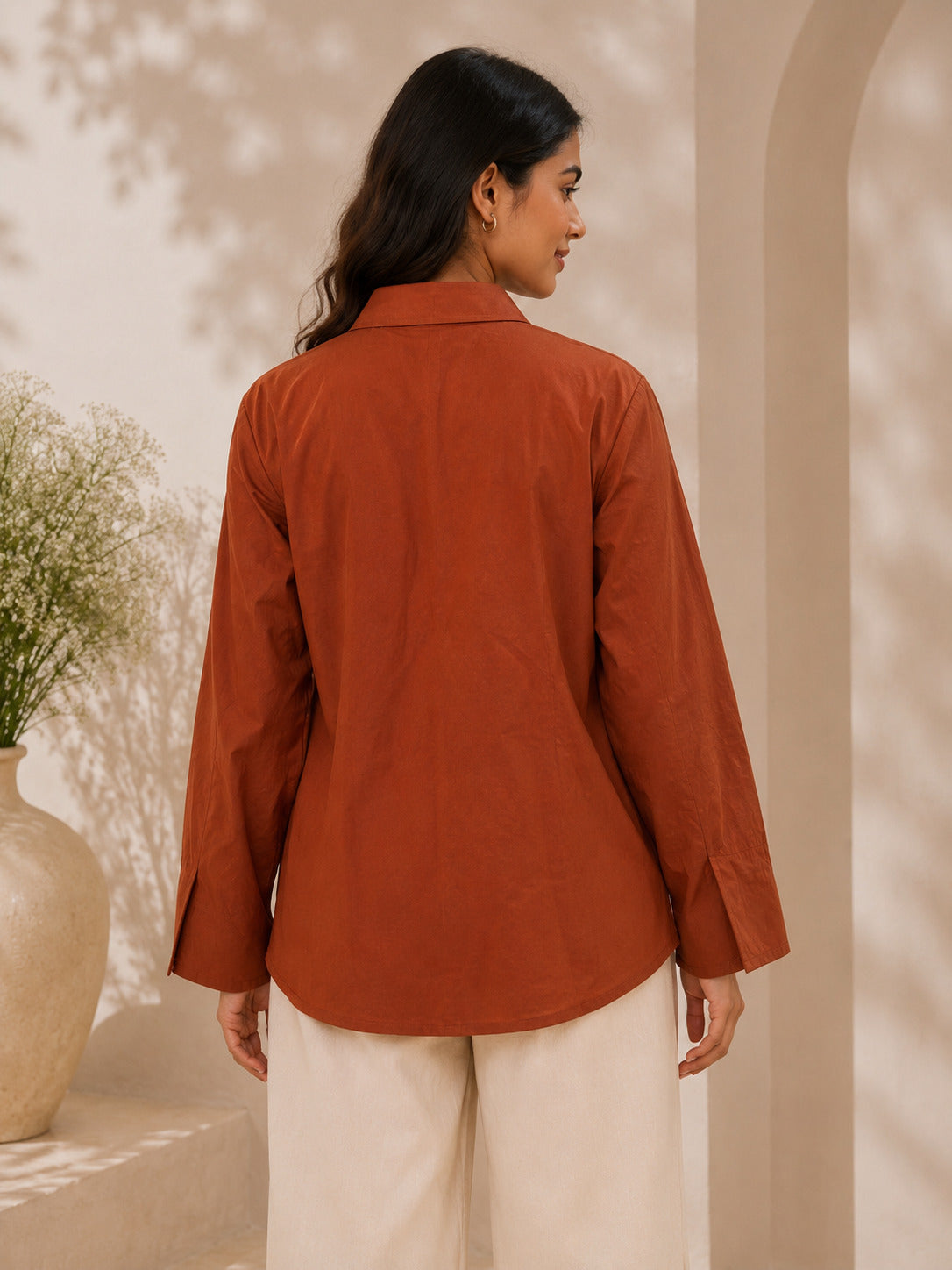 Cinnamon Brown Cotton Poplin Shirt with Braid Detailing