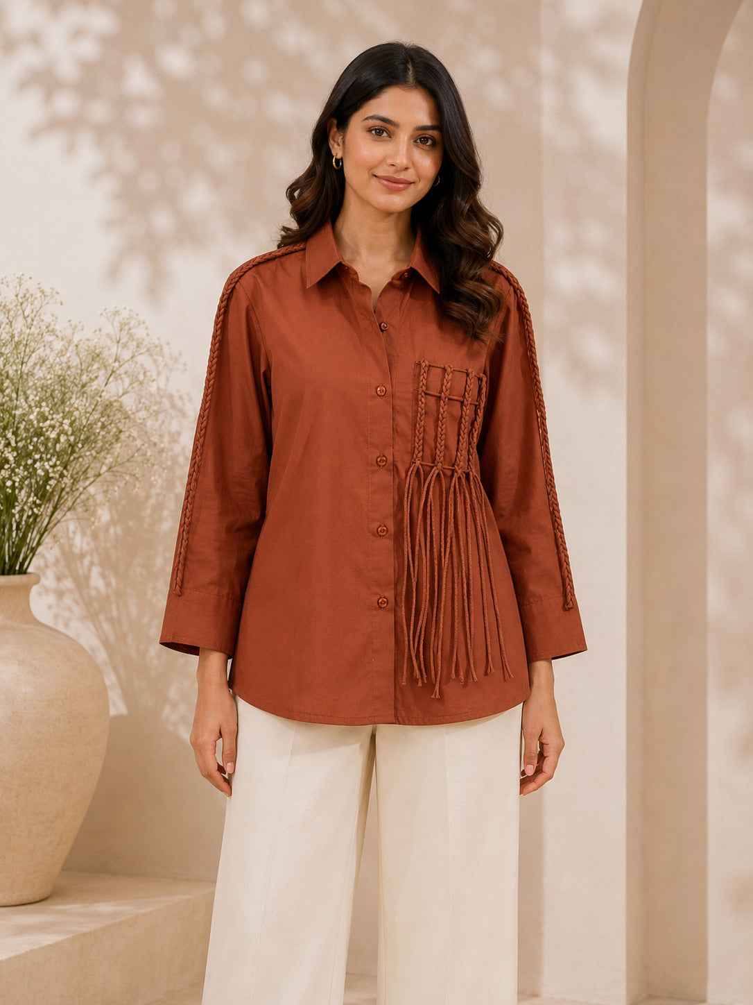 Cinnamon Brown Cotton Poplin Shirt with Braid Detailing