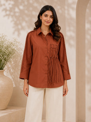 Cinnamon Brown Cotton Poplin Shirt with Braid Detailing