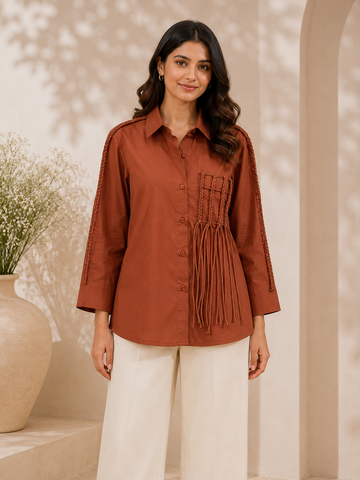 Cinnamon Brown Cotton Poplin Shirt with Braid Detailing