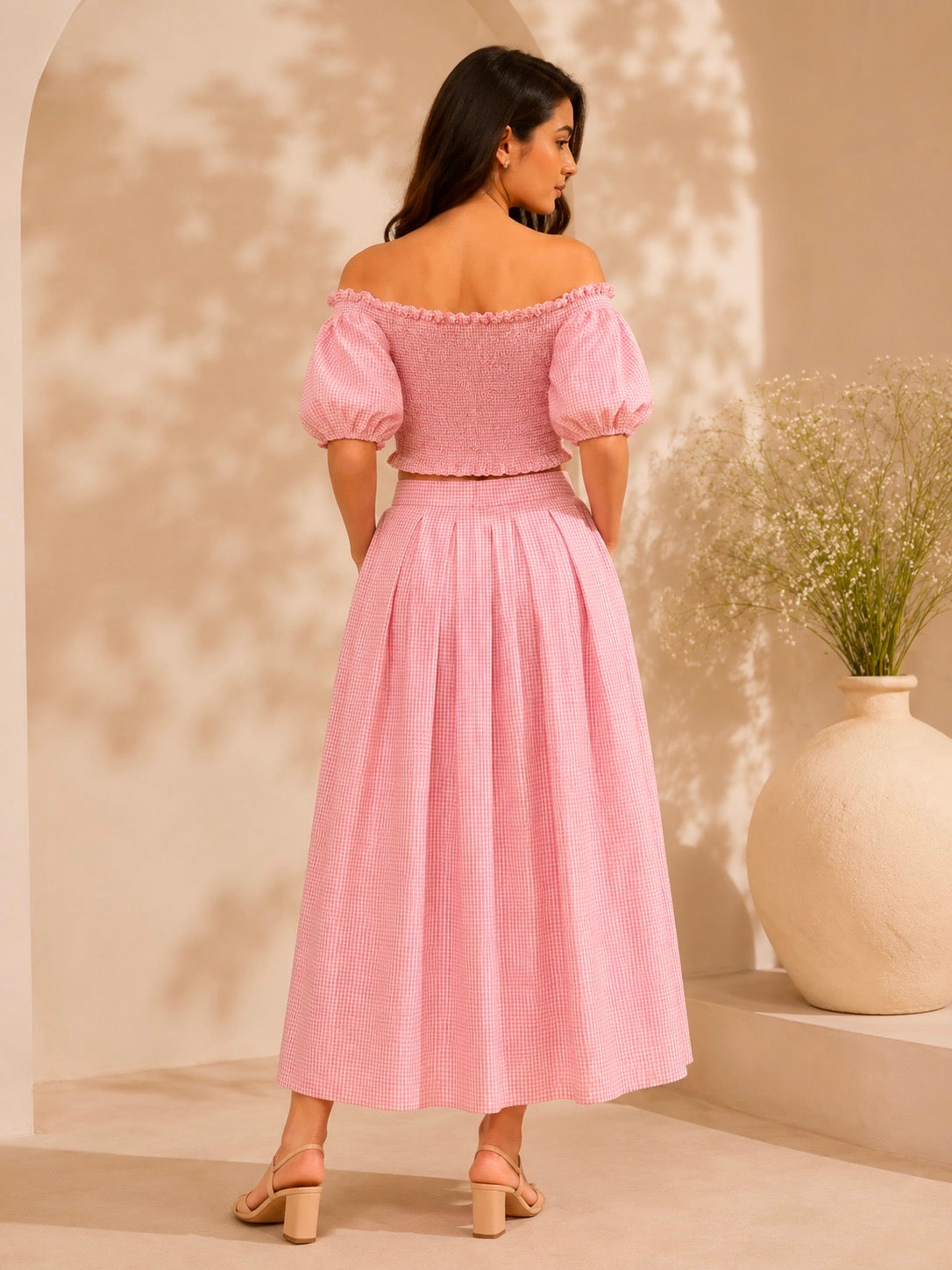 Peach & White Checks Smocked Off-Shoulder Top with Skirt Set