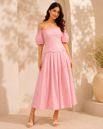 Peach & White Checks Smocked Off-Shoulder Top with Skirt Set