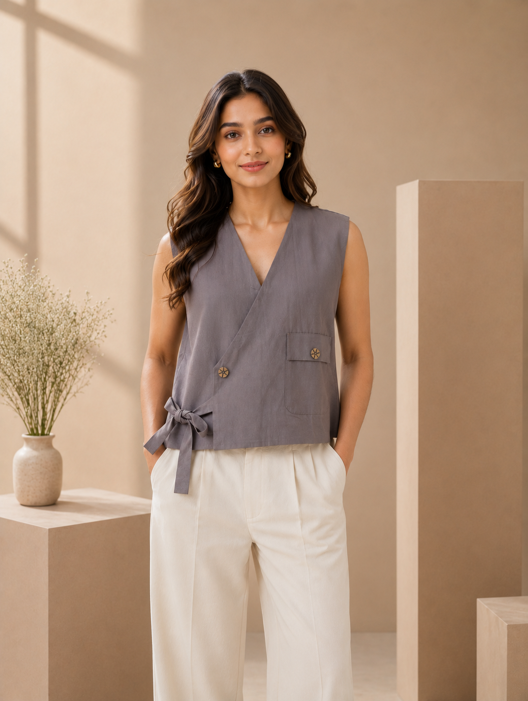 Beige Angarkha Jacket Style Top