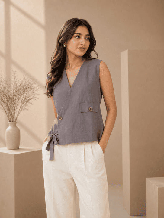Beige Angarkha Jacket Style Top