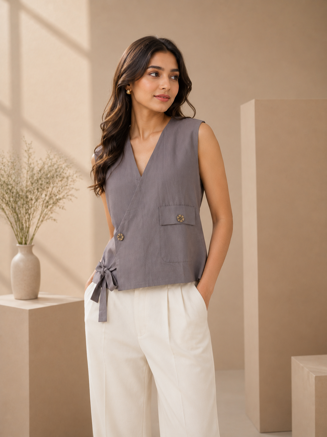 Beige Angarkha Jacket Style Top
