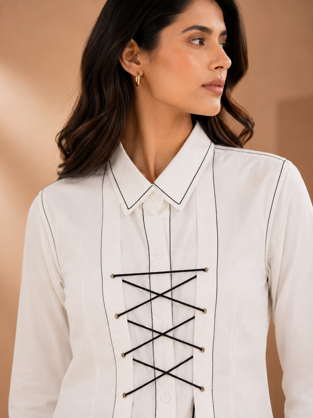 White Cotton Poplin Shirt with Shoelace & Tagai Work