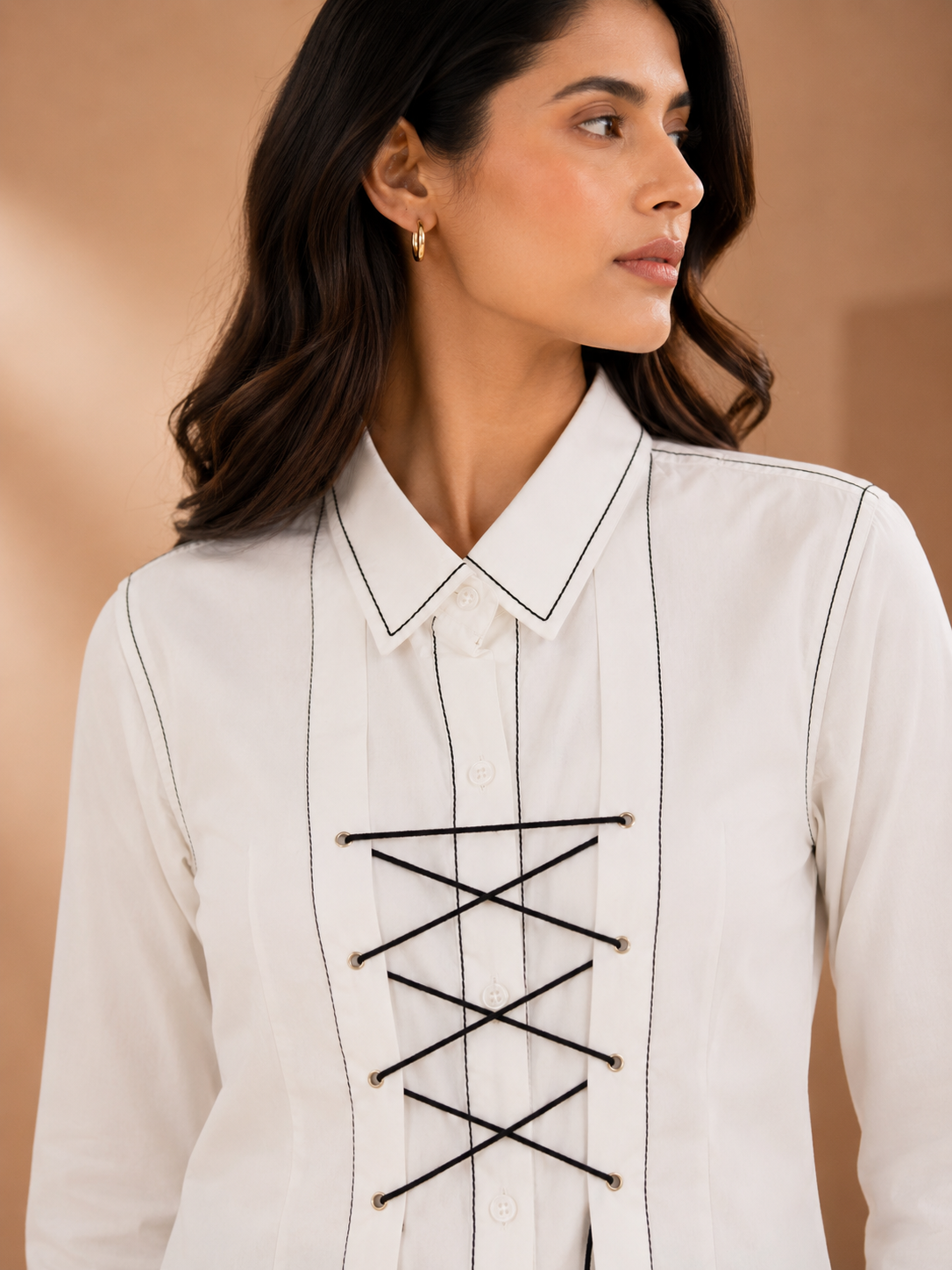 White Cotton Poplin Shirt with Shoelace & Tagai Work
