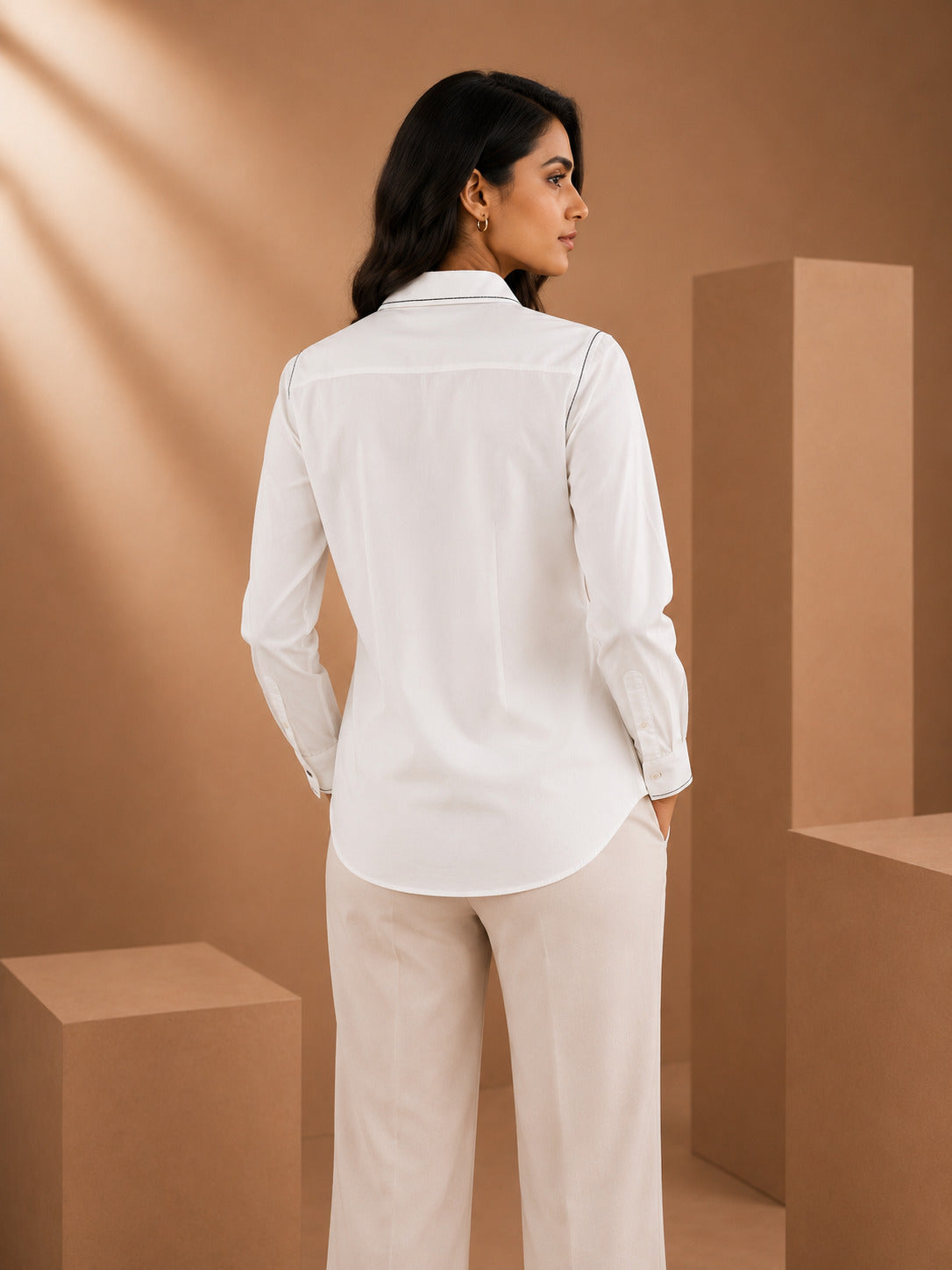 White Cotton Poplin Shirt with Shoelace & Tagai Work