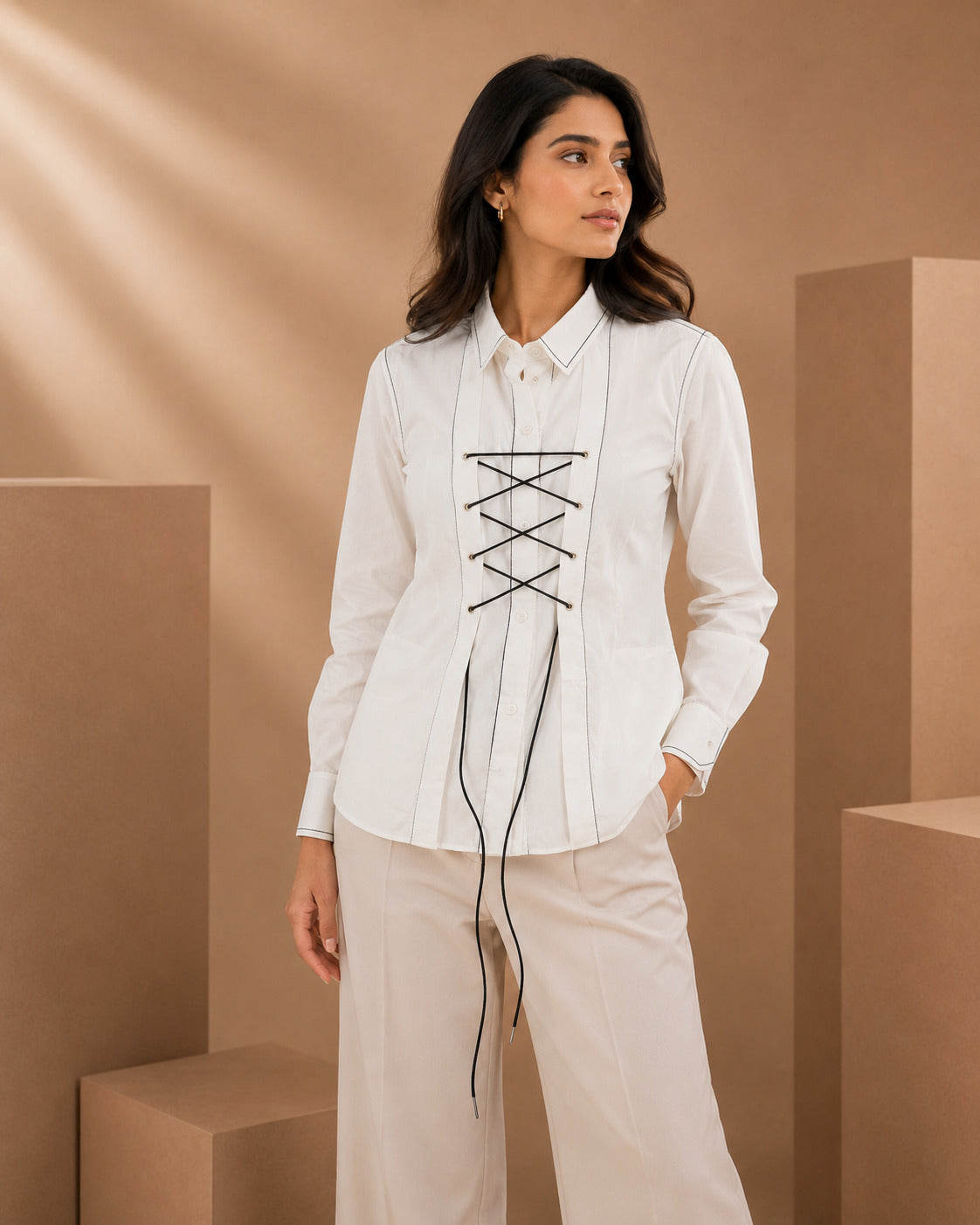 White Cotton Poplin Shirt with Shoelace & Tagai Work