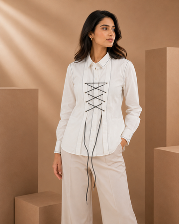 White Cotton Poplin Shirt with Shoelace & Tagai Work