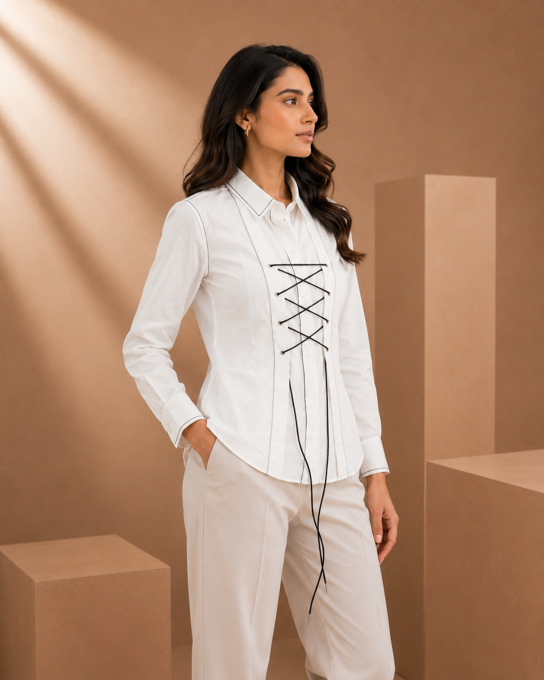 White Cotton Poplin Shirt with Shoelace & Tagai Work