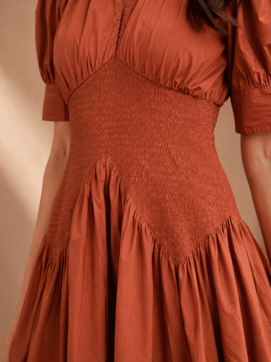 Cinnamon Brown Smocked Cotton Midi Dress