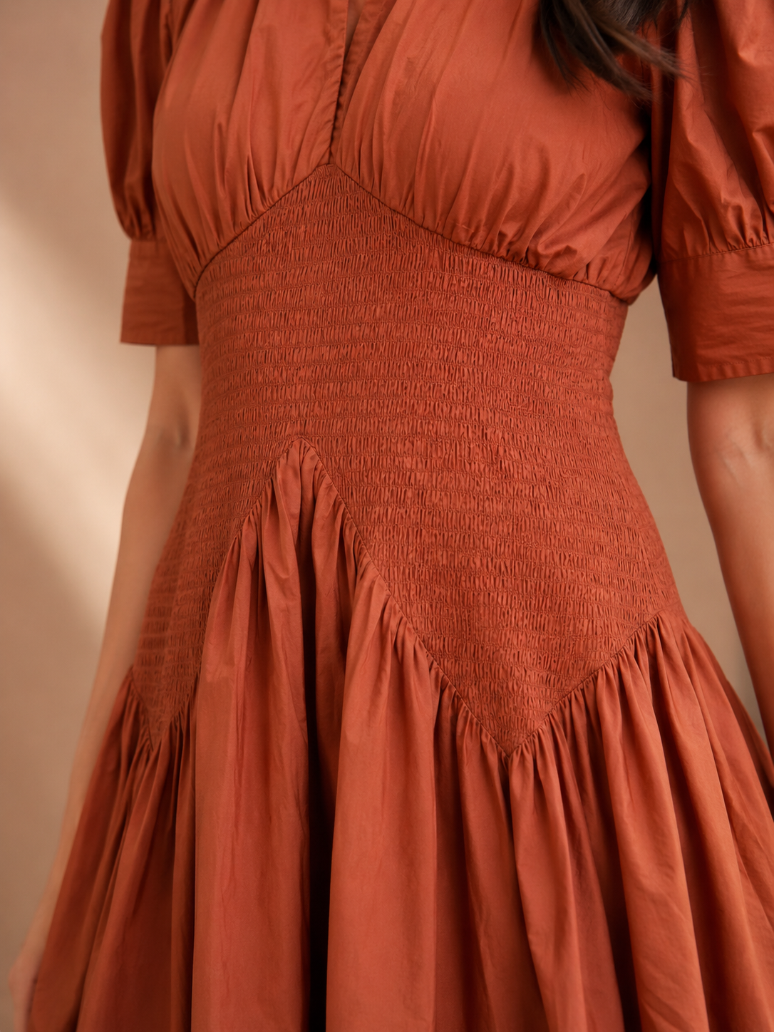 Cinnamon Brown Smocked Cotton Midi Dress