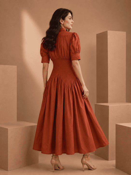Cinnamon Brown Smocked Cotton Midi Dress