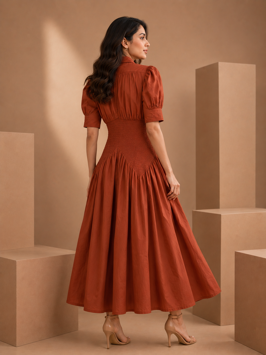 Cinnamon Brown Smocked Cotton Midi Dress