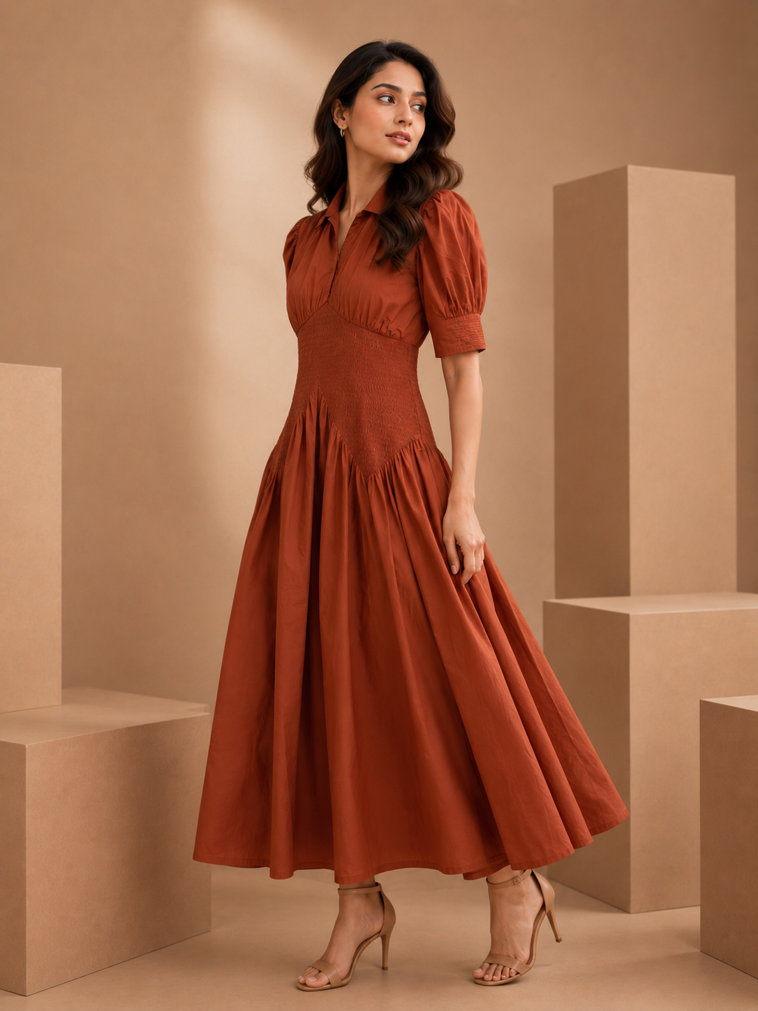 Cinnamon Brown Smocked Cotton Midi Dress