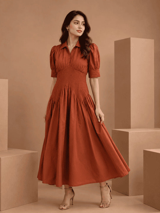 Cinnamon Brown Smocked Cotton Midi Dress