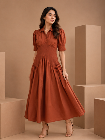 Cinnamon Brown Smocked Cotton Midi Dress