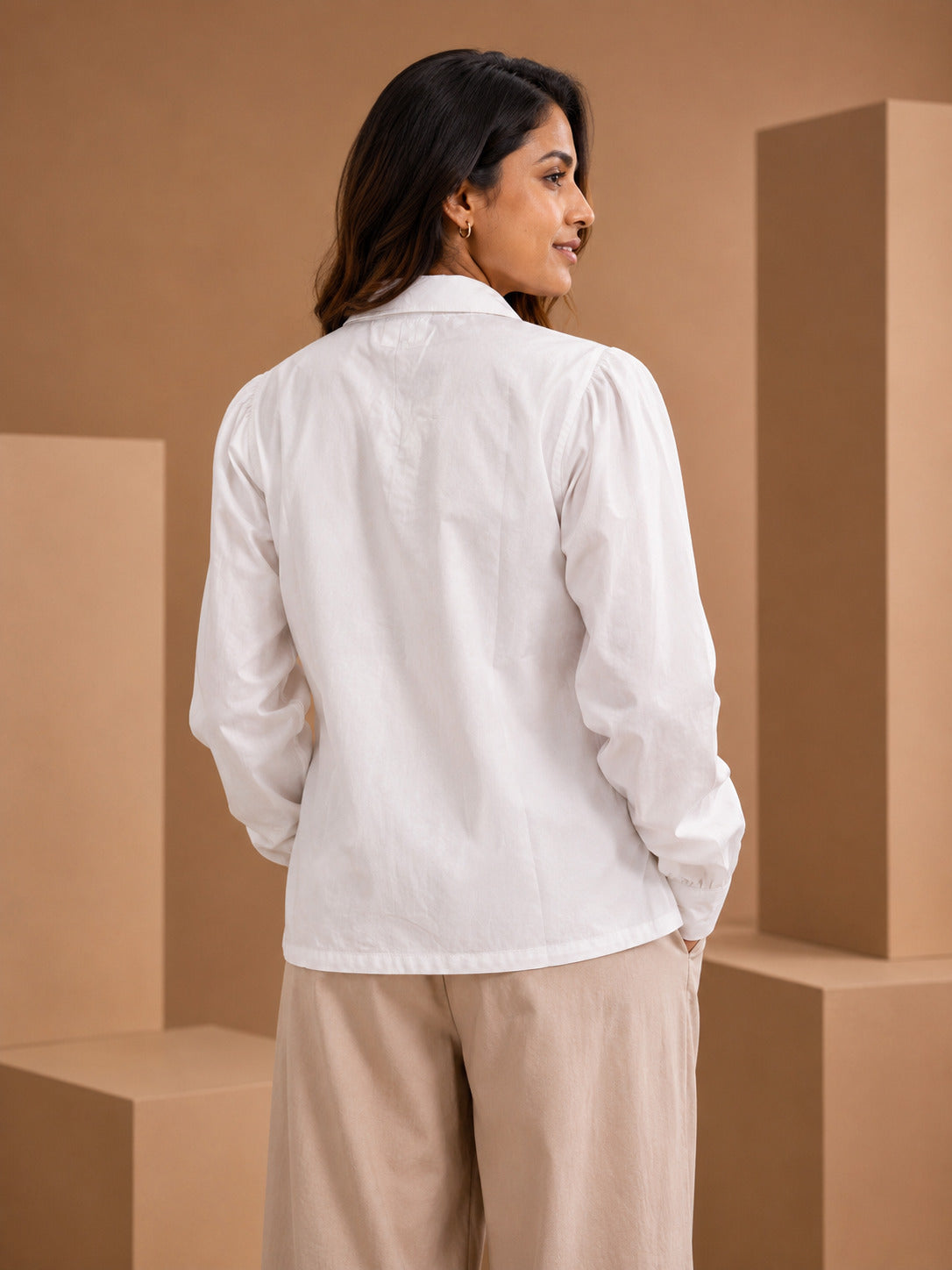 Pearl White Angarkha Style Cotton Poplin Shirt