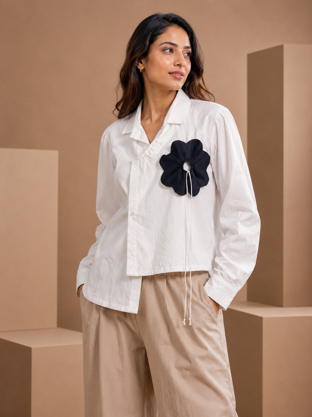 Pearl White Angarkha Style Cotton Poplin Shirt