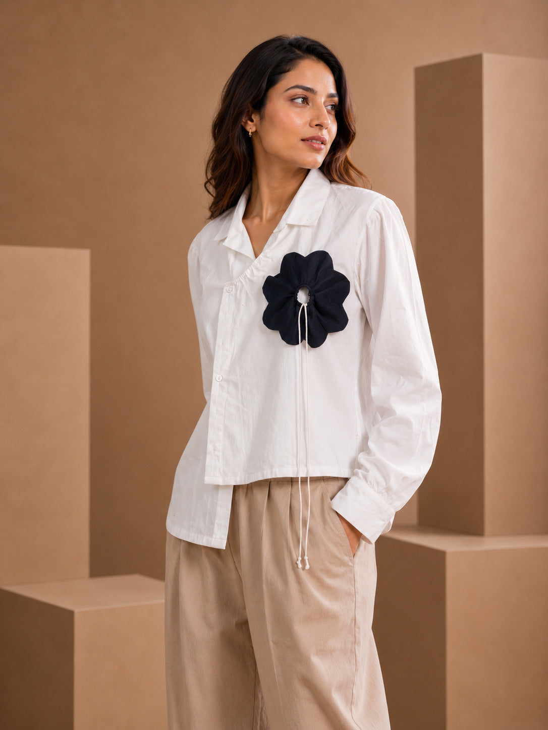 Pearl White Angarkha Style Cotton Poplin Shirt