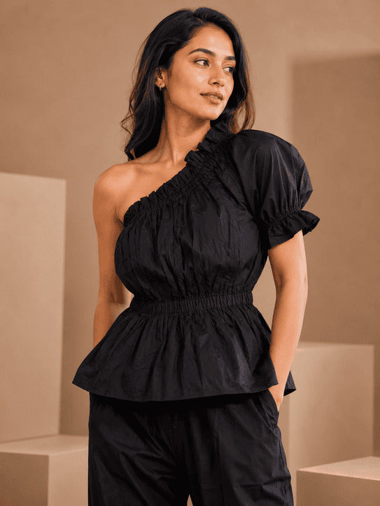 Jet Black One-Shoulder Smocked Top