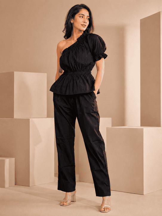 Jet Black One-Shoulder Smocked Top