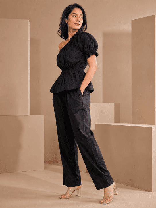 Jet Black One-Shoulder Smocked Top