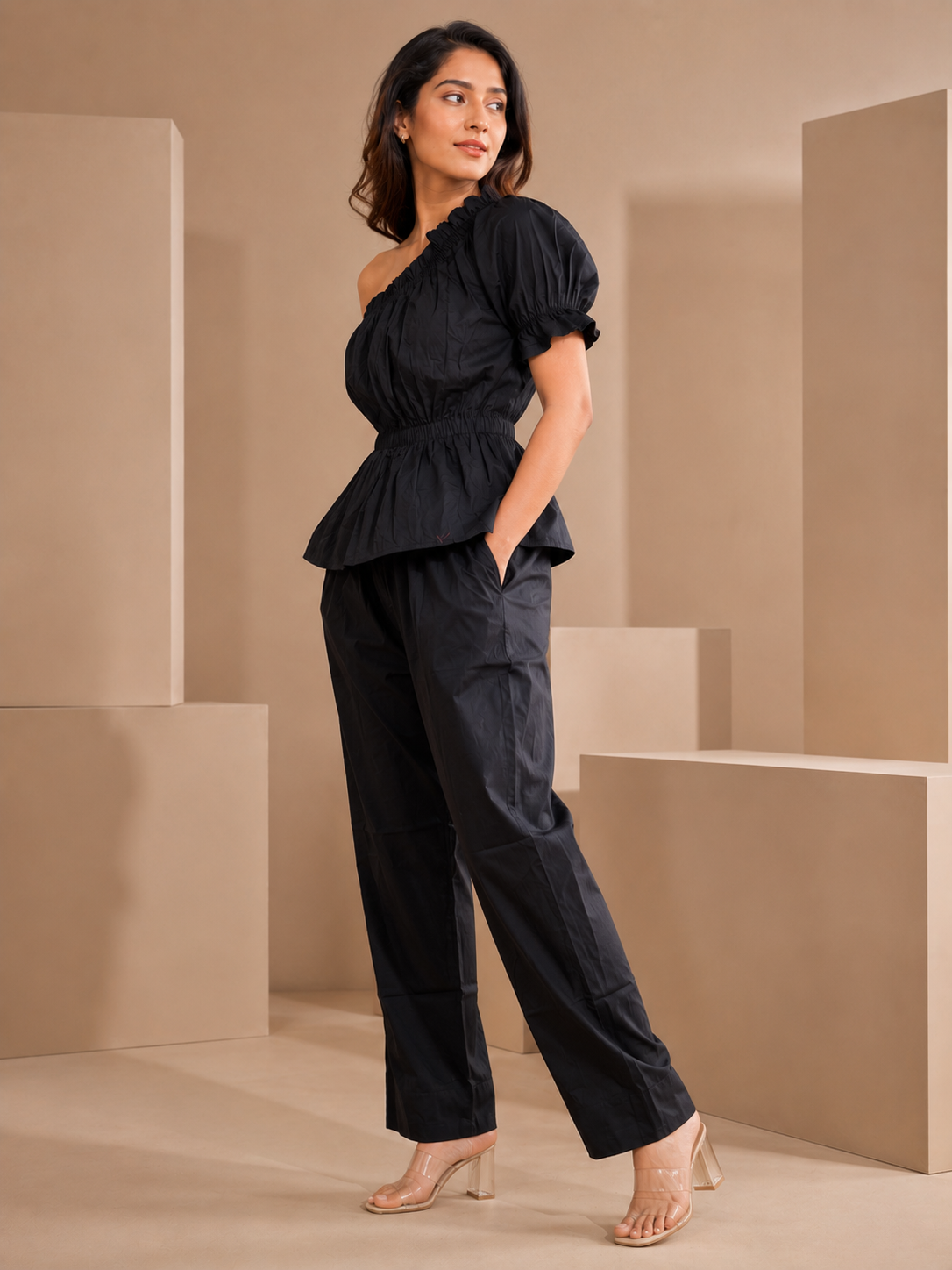 Jet Black One-Shoulder Smocked Top